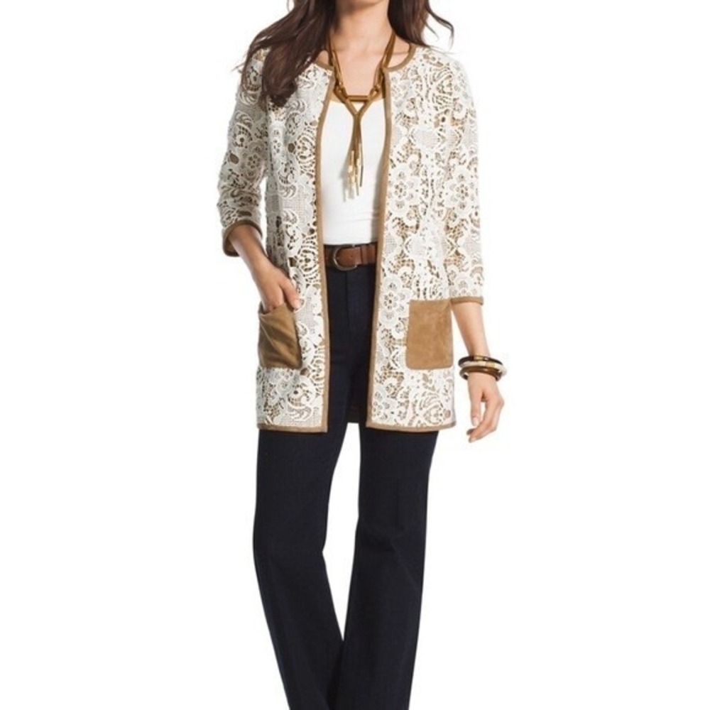 Chico's Jacket Womens XS Brown Floral Lace Open Front Boho Romantic Feminine